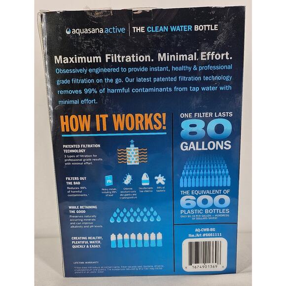 AQUASANA 2-PACK ACTIVE CLEAN WATER FILTER BOTTLE FILTERS UP TO 80 GALLONS EACH - Picture 2 of 4